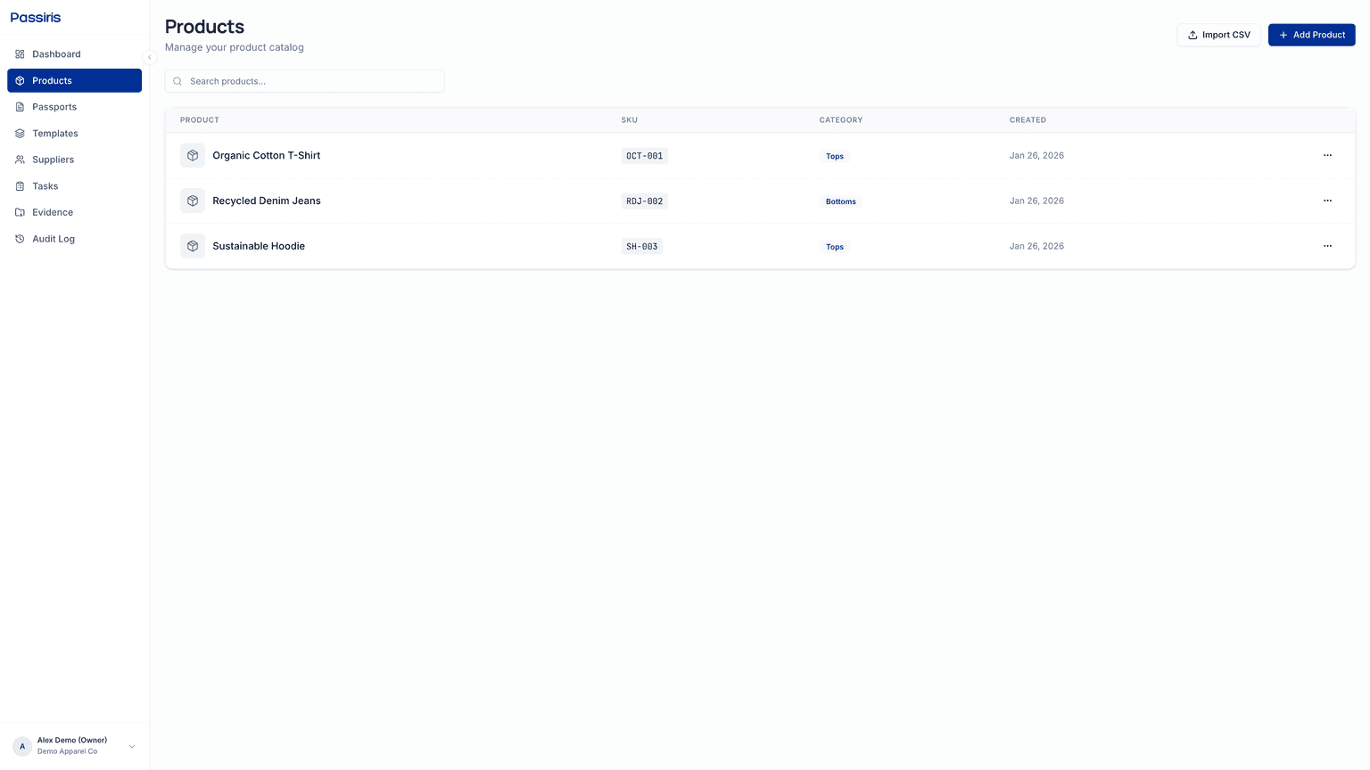 Product Catalog — Passiris platform